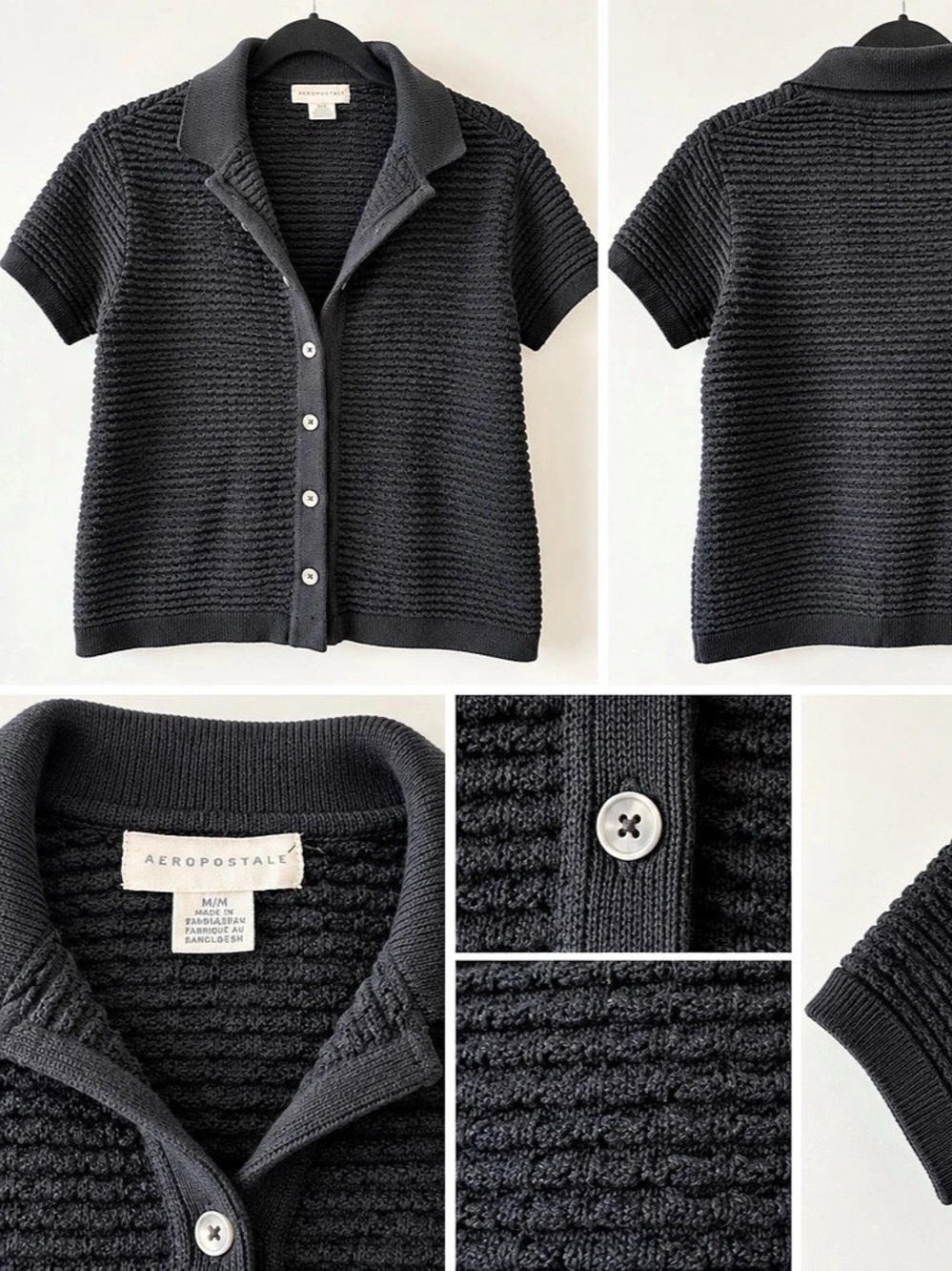 Aeropostale Black Textured Knit Short Sleeve Cardigan Medium